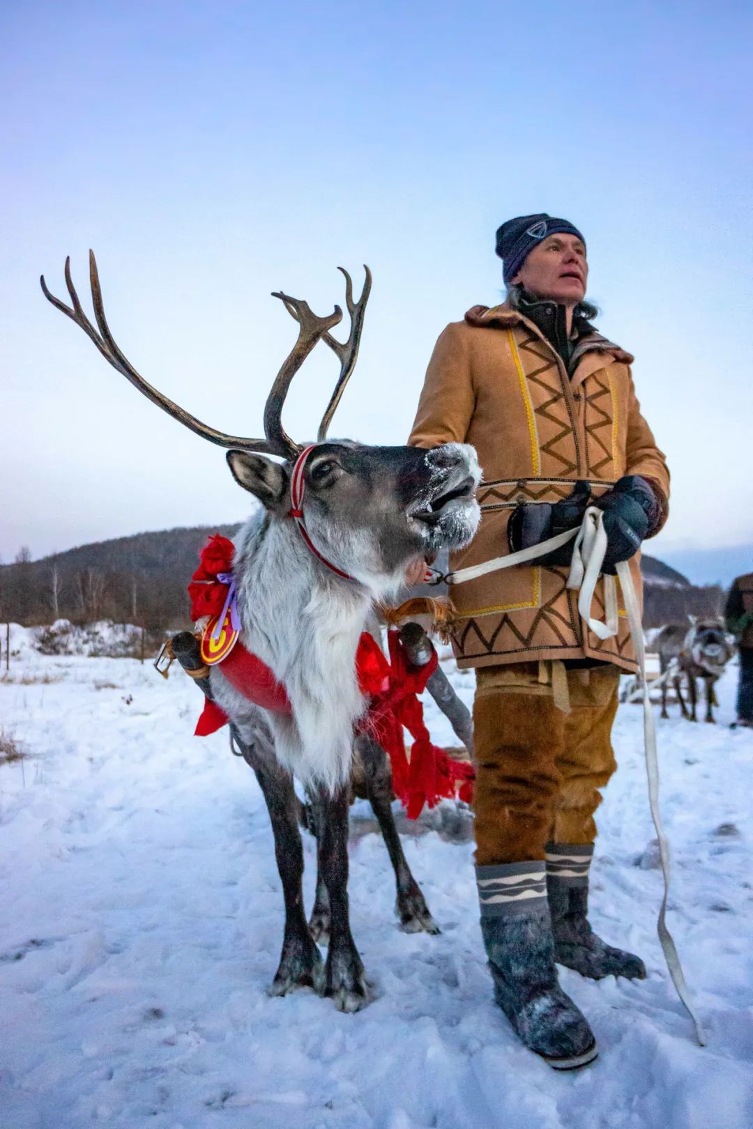 在根河生活的鄂温克族人与驯鹿.