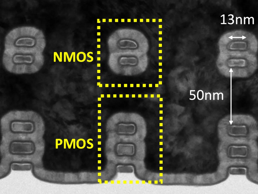 NMOS 和 PMOS 器件通常并排放置在芯片上。英特尔找到了一种将它们叠加在一起的方法，从而压缩了电路尺寸。图源：英特尔