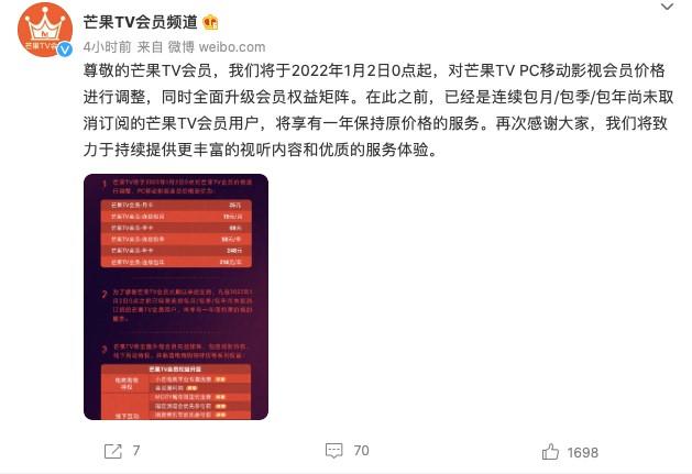 继爱奇艺之后，长视频平台芒果TV再涨价