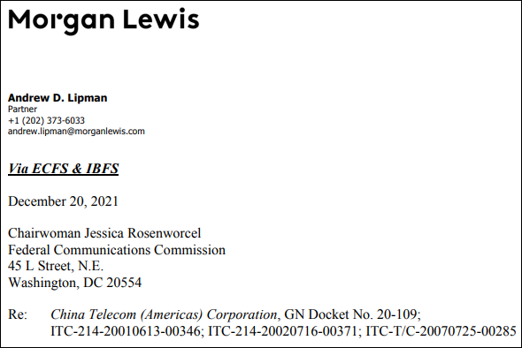 中国电信美洲公司致FCC主席信函截图