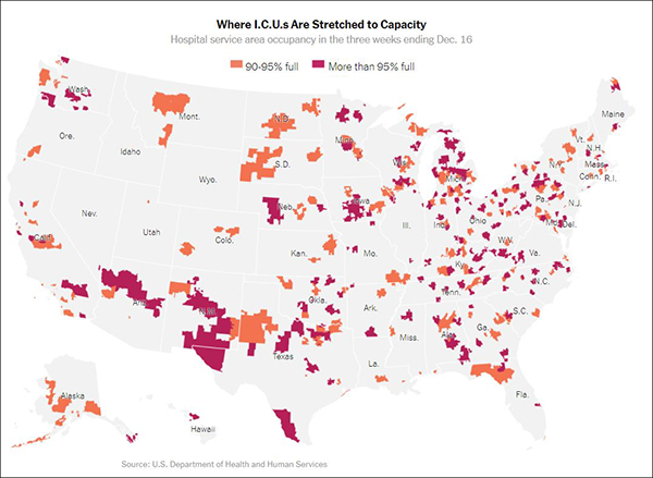 美国各地ICU病房床位紧张 图自《纽约时报》