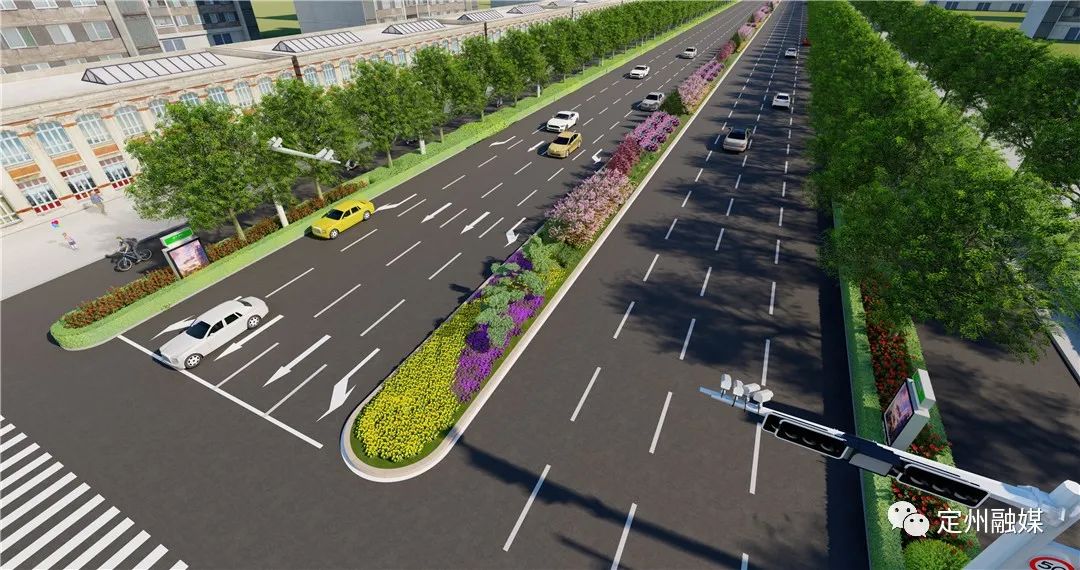 定州这条主干道增设中央绿化隔离带工作正在进行中