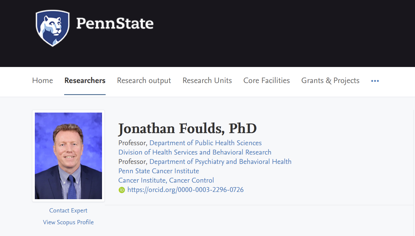 图注：论文主要作者，宾夕法尼亚州立大学医学院公共卫生教授Jonathan Foulds。