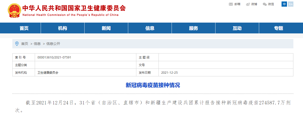 国家卫健委：全国累计报告接种新冠病毒疫苗274587.7万剂次