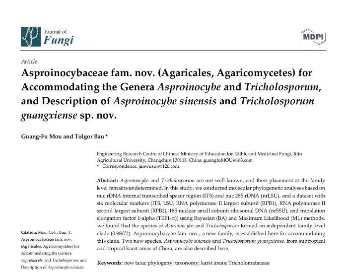 吉林农业大学图力古尔教授团队发表真菌新科