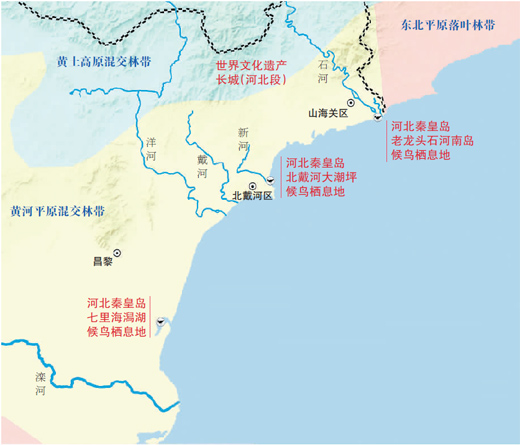 秦皇岛地区重要候鸟栖息地及地理环境示意图.