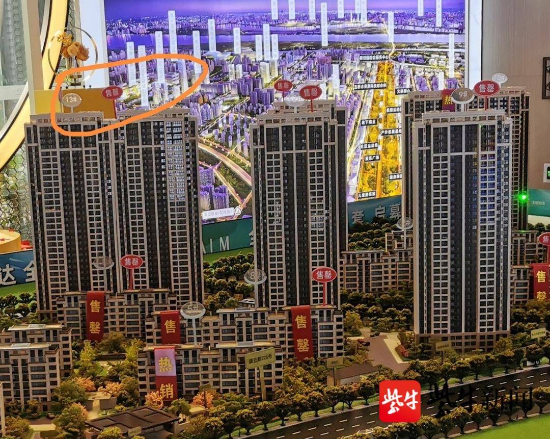 图为售楼处现场沙盘上的13号楼竖起了"售罄"的红标.