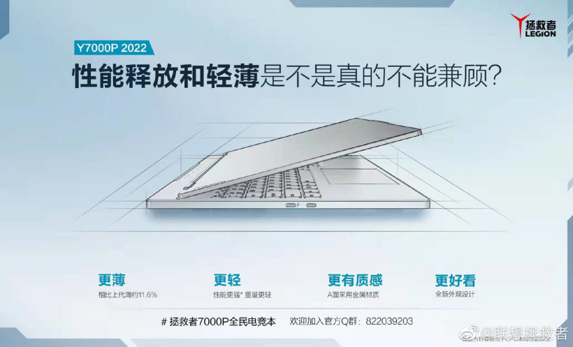 联想拯救者Y7000P 2022游戏本预热：相比上代薄11.6%，全新外观更方正
