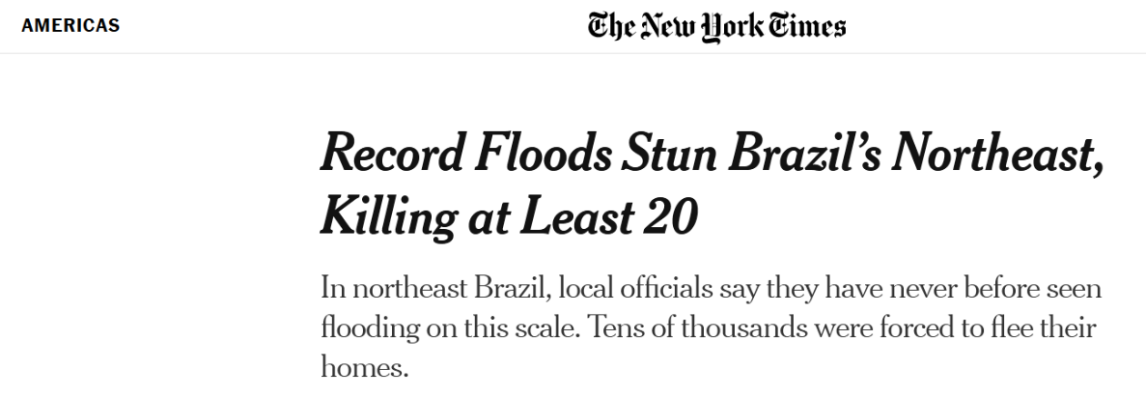 巴西洪灾造成至少20人死亡 博索纳罗继续度假引不满