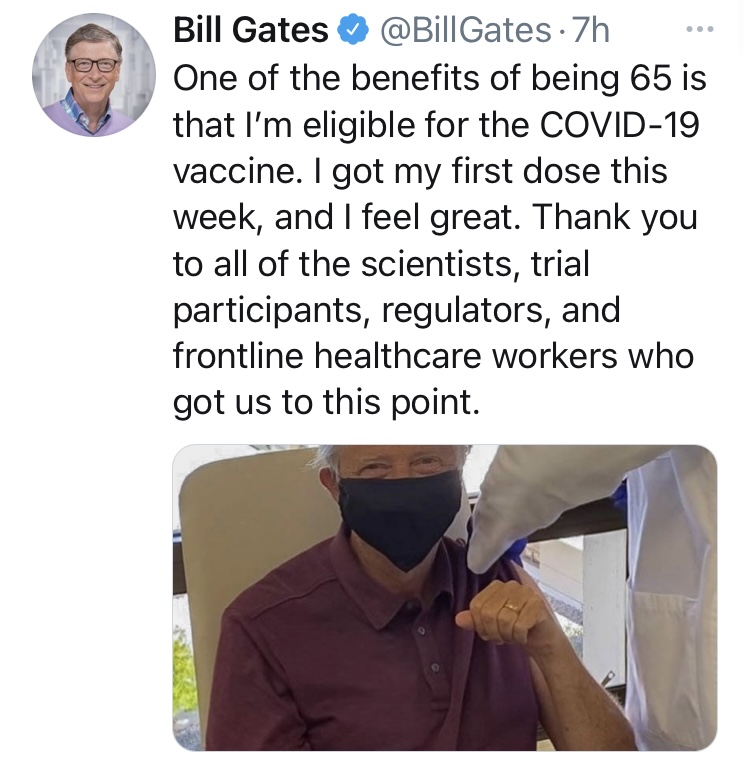 比尔·盖茨接种新冠第一剂疫苗，发推：“我感觉很棒”