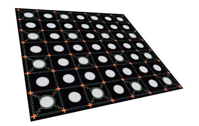 二维超导量子比特芯片示意图，每个橘色十字代表一个量子比特。