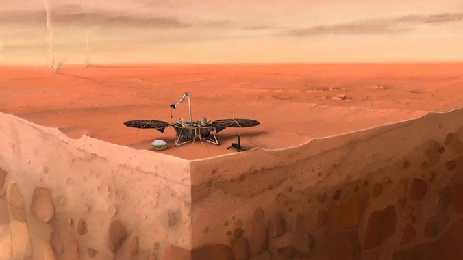 洞察号着陆器探索火星内部结构的艺术想象（图片来源：IPGP/Nicolas Sarter）