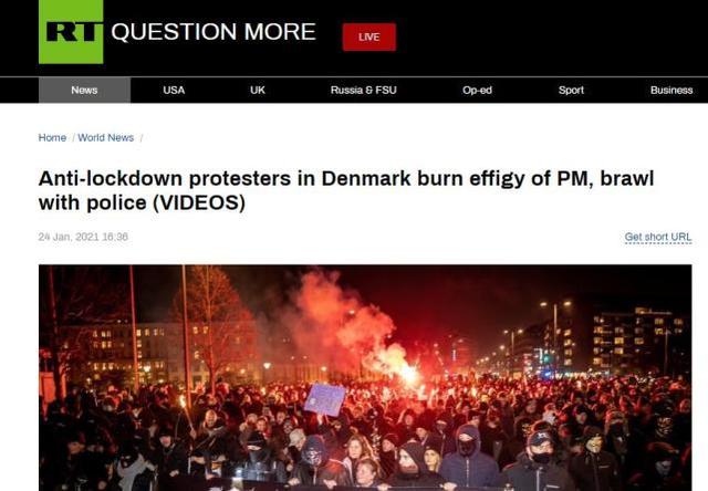 丹麦首都现“黑衣人”抗议防疫封锁，焚烧首相肖像与警察激烈冲突