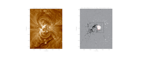 地面望远镜观测紫外波段（左）和磁图（右） 图片来源：Deborah Baker et al 2021 ApJ 907 16