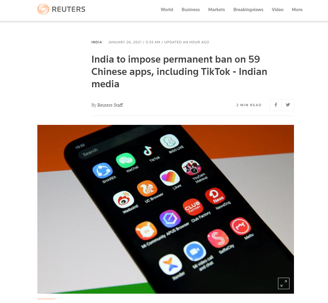 印度宣布将永久禁止59款中国APP 包括TikTok、百度、Wechat等