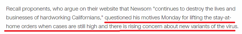 △CNN：在加州疫情依然严峻、人们对变异病毒越来越担心的情况下，罢免运动的支持者们质疑纽瑟姆取消居家令的动机。