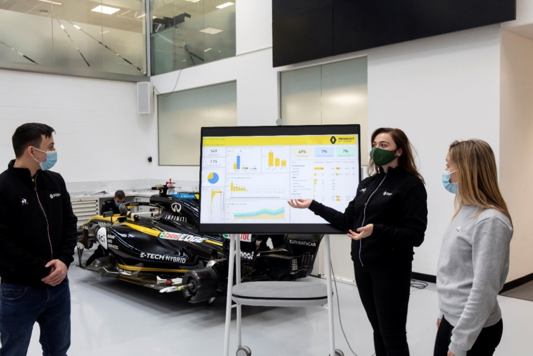 ▲ 雷诺 DP World F1 车队的信息系统/商业智能团队的成员在 Surface Hub 上展示每日工作订单报告分析