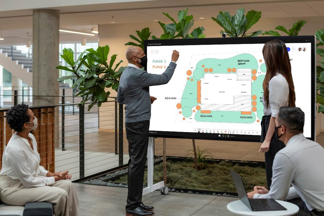 ▲ 团队成员在 Surface Hub 2S 85″ 上的 Microsoft Whiteboard 上进行协作