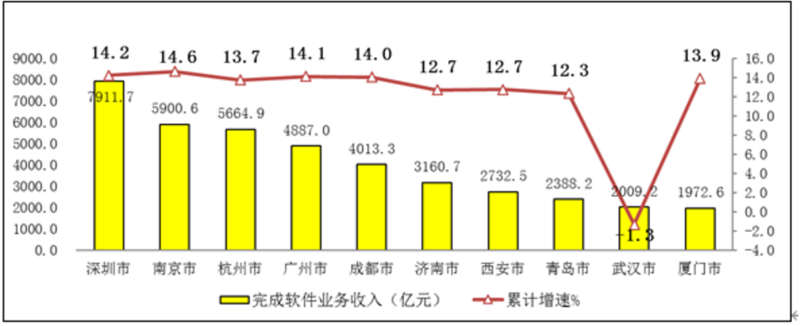 图9  2020年前十位中心城市软件业务收入增长情况