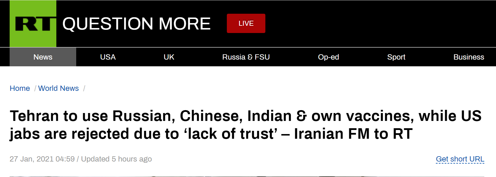 伊朗外长：我们将使用俄中印生产的新冠疫苗 就是不用美国的