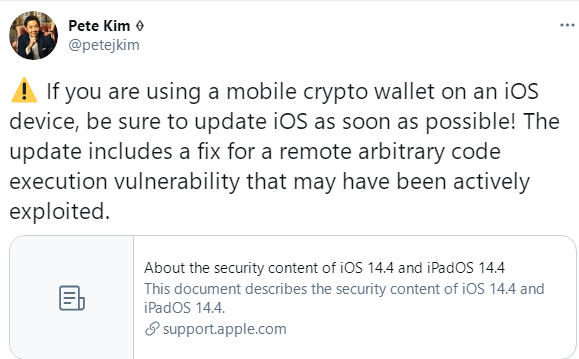 iOS系统漏洞危及加密钱包安全 Coinbase警告用户及时更新