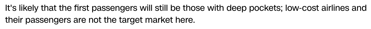 △负责人表示，第一批旅客目标市场是富人群体，低成本航空公司及其乘客不会成为目标市场。（图片来自CNN）