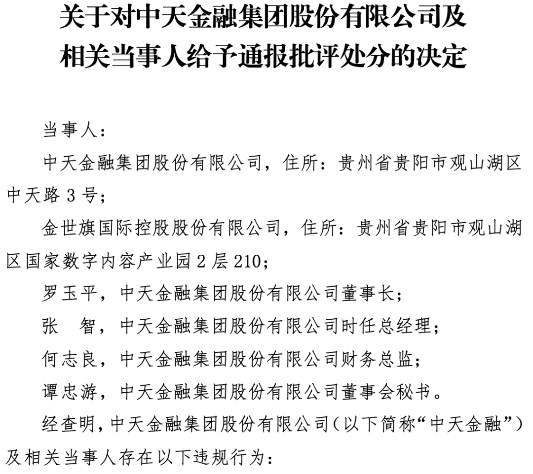回购承诺未兑现、财务资助违规 中天金融被通报批评