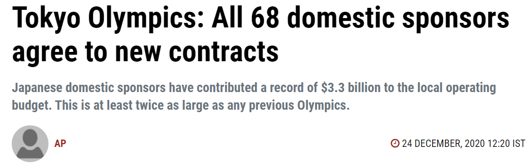 △2020年12月24日，东京奥运会68家日本本土赞助商同意签订奥运会延期至2021年7月的新合约（图片来源：美联社）