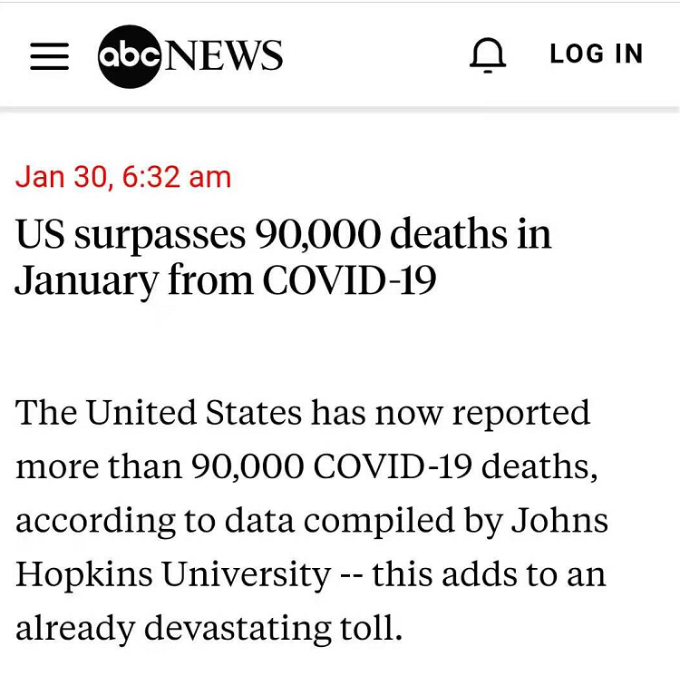 “最致命的一个月”！美媒：今年1月，美国新冠死亡病例超9万