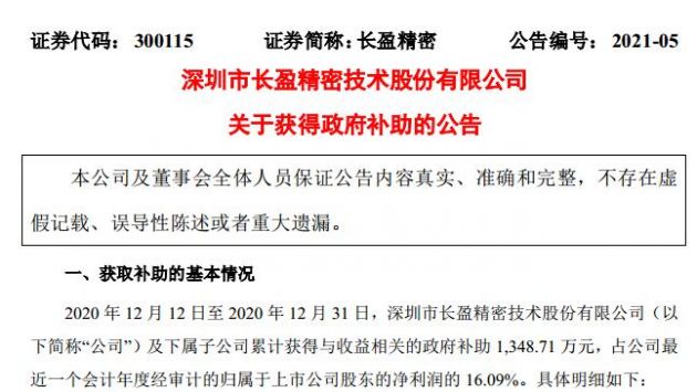 长盈精密：公司及下属子公司获得收益相关政府补助1348.71万元