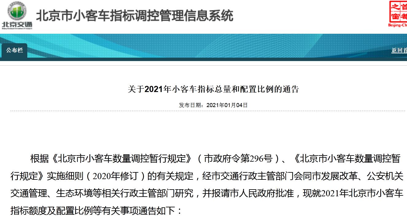 2021年北京小客车指标总量和配置比例公布！