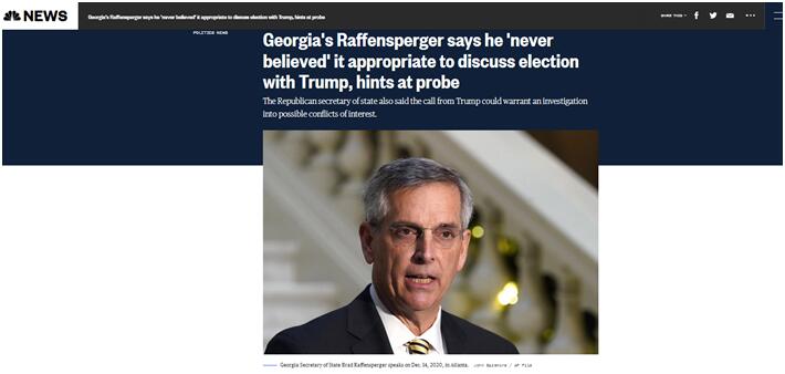 被特朗普电话施压“找选票”的佐治亚州务卿再发声