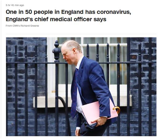 英格兰首席医疗官：英格兰每50人中就有1人感染新冠