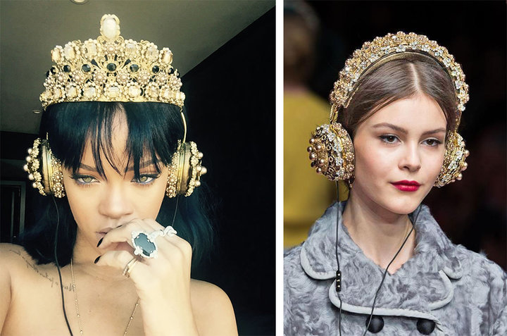 ▲ 蕾哈娜(Rihanna)佩戴 FRENDS x Dolce & Gabbana 联名款耳机的推特照片(图左)和秀场图(图右)