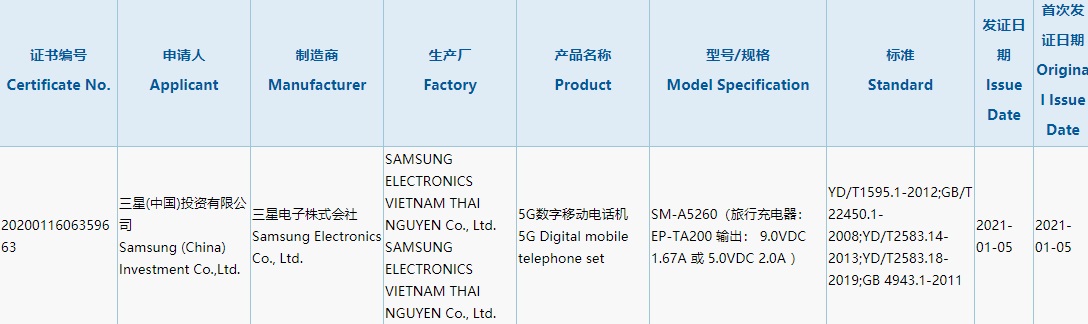 三星主力中端机Galaxy A52 5G国行版入网：配备15W充电器