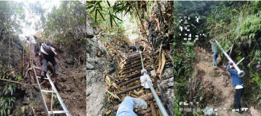 由于地质特点，广西区内的电普建设项目建设难度大，图中移动工作人员在近90度的陡峭山崖上攀爬，搬运杆塔等建设物资。 广西移动供图