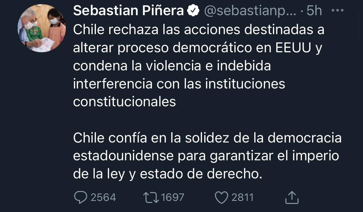 智利总统发文谴责美国国会大厦抗议冲突事件