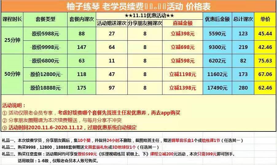 “双十一”优惠价格表