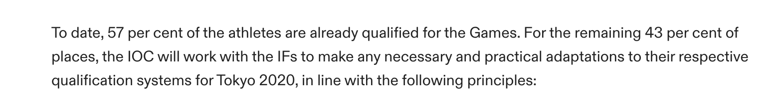 △国际奥委会关于2020东京奥运会公报显示，截至2020年3月，仅有57%的选手拥有东京奥运会的参赛资格。（图片来自：国际奥委会官网）