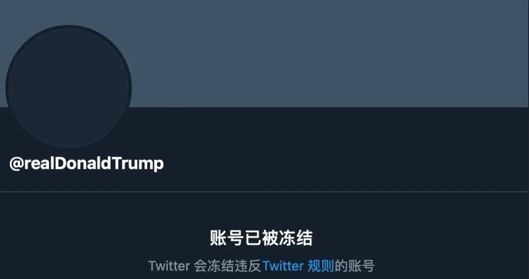 △特朗普个人推特账号封面显示,账号已被冻结(图片来源于网络)