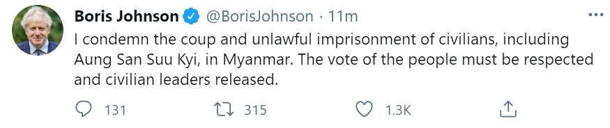 约翰逊也谴责缅甸“政变”，要求军方释放昂山素季等人