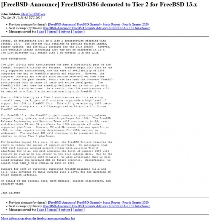 自FreeBSD 13.x开始 FreeBSD/i386 降级为Tier 2