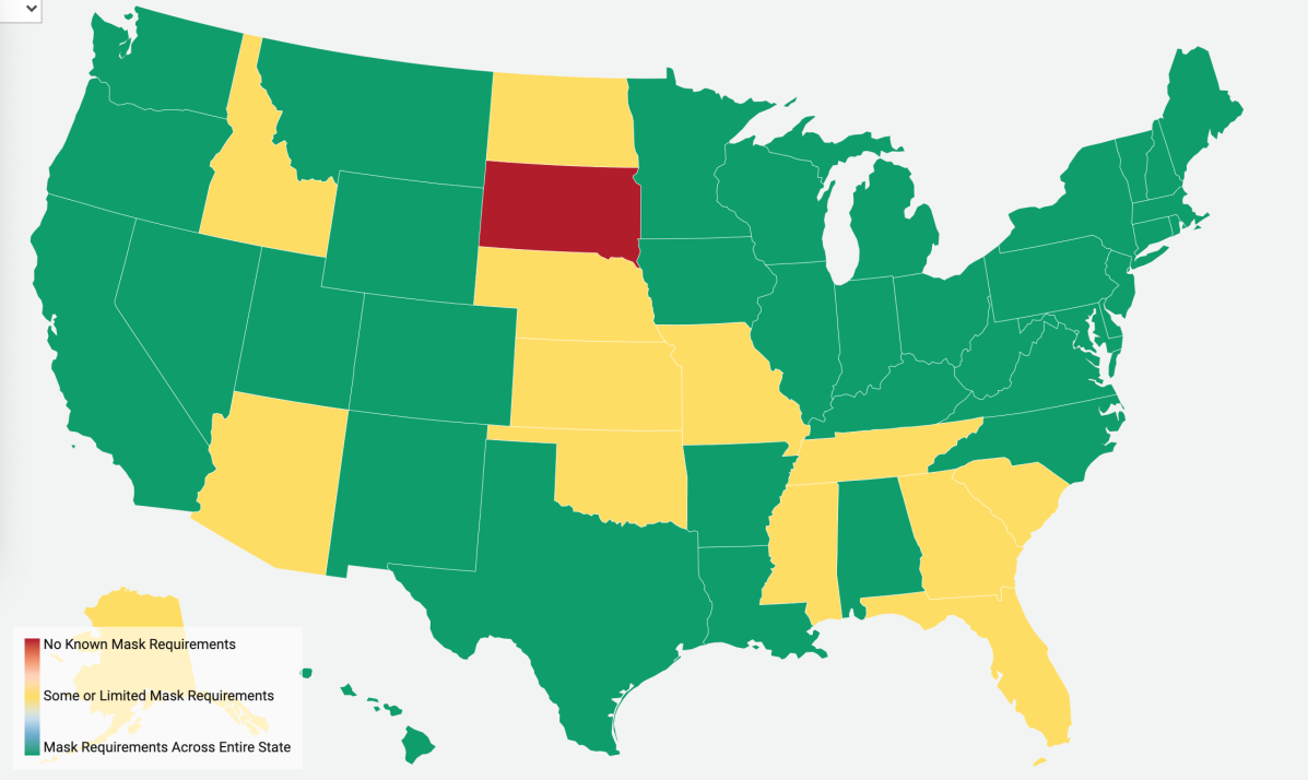 红色和黄色区域分别为完全没有实施口罩令的州以及只部分实施口罩令的州