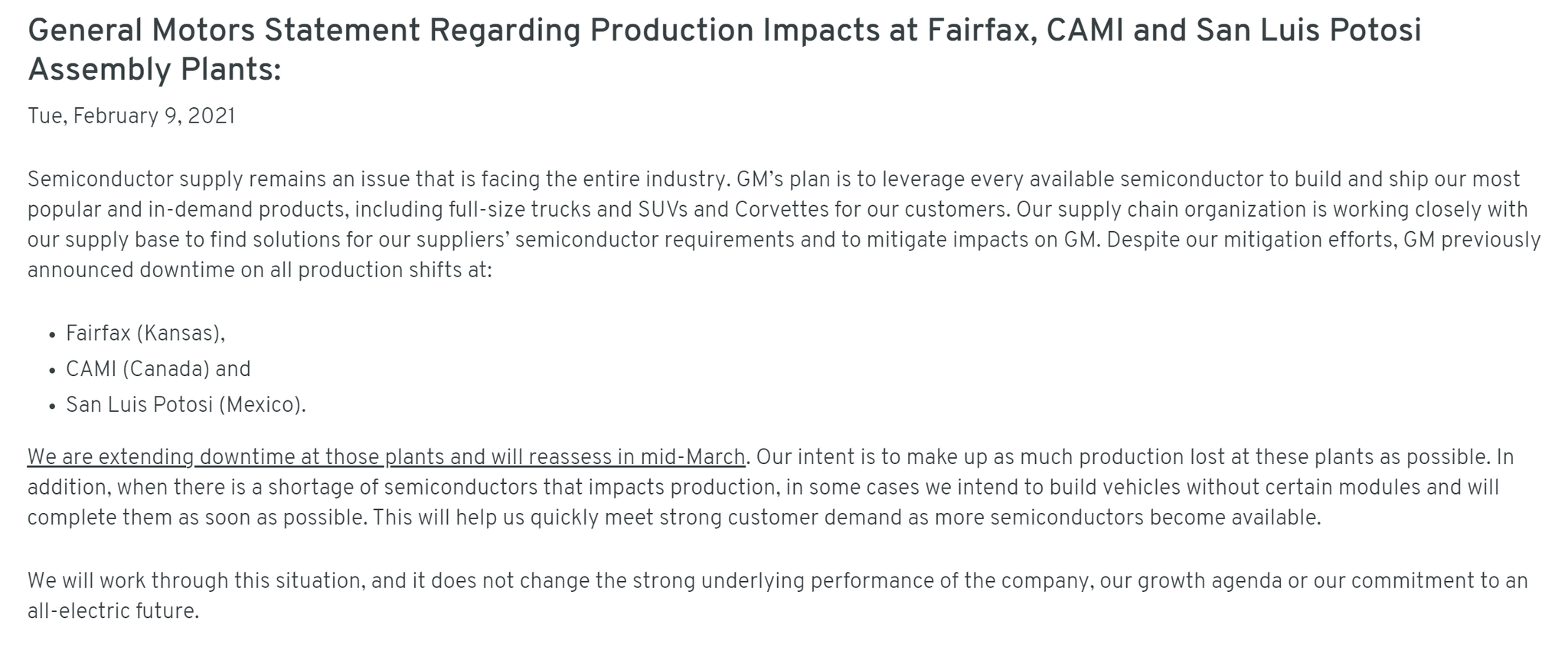 “缺芯”危机难解 通用汽车宣布三间工厂停工时间延长一个月