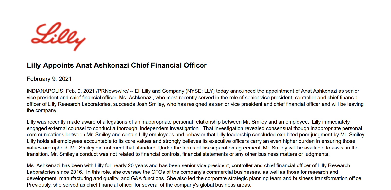 礼来制药CFO因与员工存在“不当关系”辞职 无缘数千万美元奖金