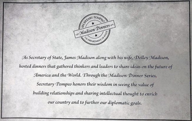 △蓬佩奥版“麦迪逊晚宴”的邀请函 图片来源：NBC