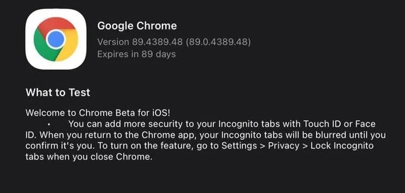 谷歌Chrome浏览器Beta iOS版更新：可使用FaceID锁定隐身标签页