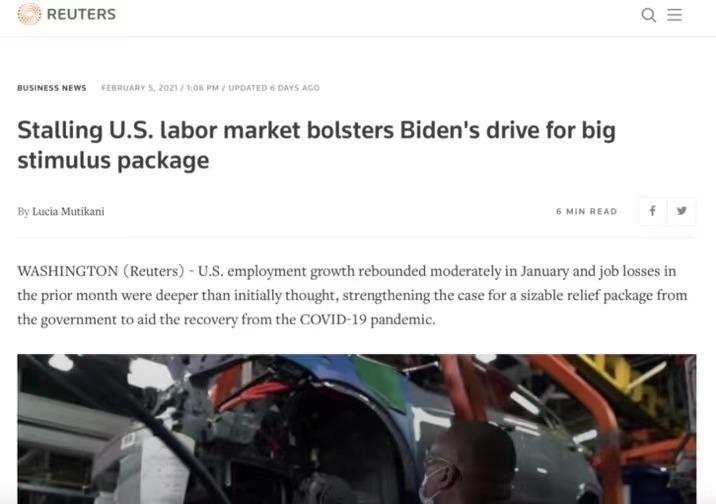 △路透社称，停滞的美国劳动力市场推动拜登政府大规模纾困计划的实施