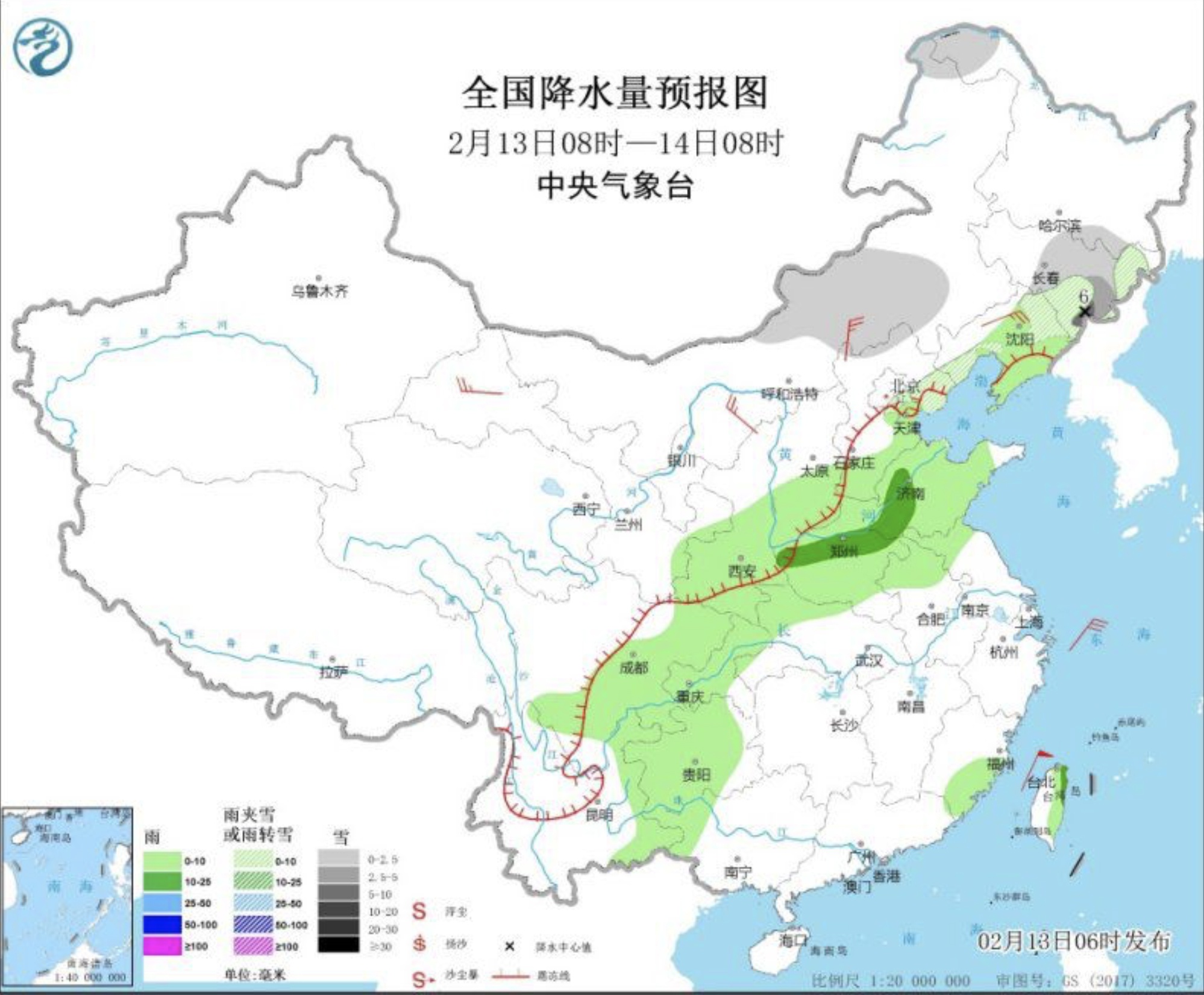 △全国降水量预报图（2月13日08时—14日08时）