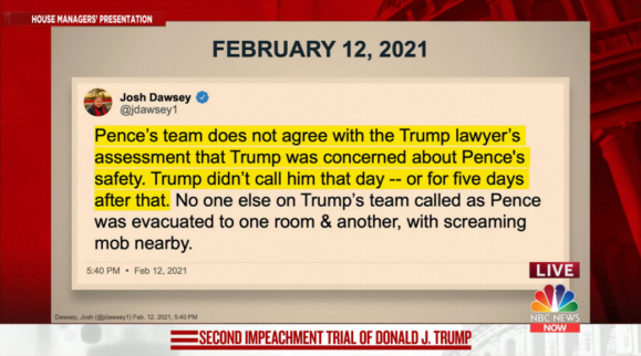 △2月12日推文：特朗普律师团队曾声称特朗普十分关心彭斯的生命安全，彭斯团队对此并不认同。特朗普（在暴乱）当天及此后5天内未曾打电话联系彭斯。